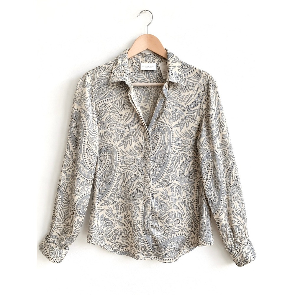 Liz Claiborne Collection M Gray Cream Paisley Washable 100% Silk Blouse Career
